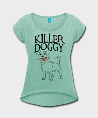 Killer Doggy mit Unicorn | Frauen T-Shirt mit gerollten Ärmeln