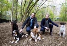 Thomas Heilmann (r, CDU), Senator für Justiz und Verbraucherschutz, und Lasse Walter (links), Vorsitzender des Vereins "Mensch und Hund Moabit", unterhalten sich in Berlin im "Hundegarten Moabit" im Fritz-Schloss-Park während der Eröffnung.